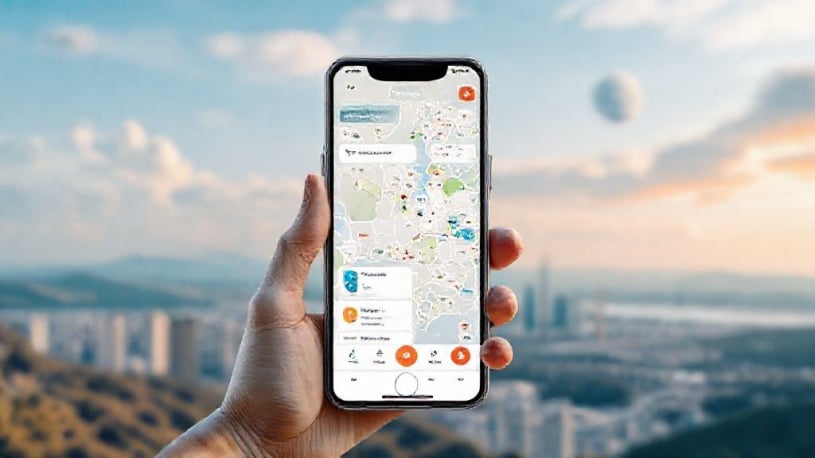 Hand holding a cellphone showing the Muqaddas Umrah portal and mobile app